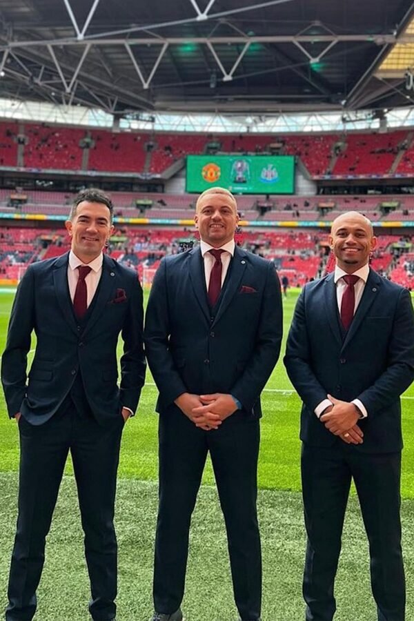 MUTV presenter Mark Sullivan with Former Manchester United Players Wes Brown and Danny Webber in Callum Blue Suit - Image 2